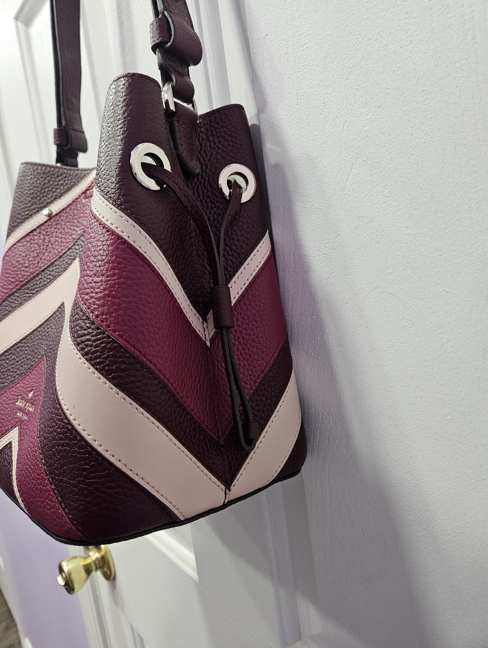kate spade Chevron Leather Crossbody Bag & Card Case in Burgundy, Pink, Cream - Picture 7 of 15